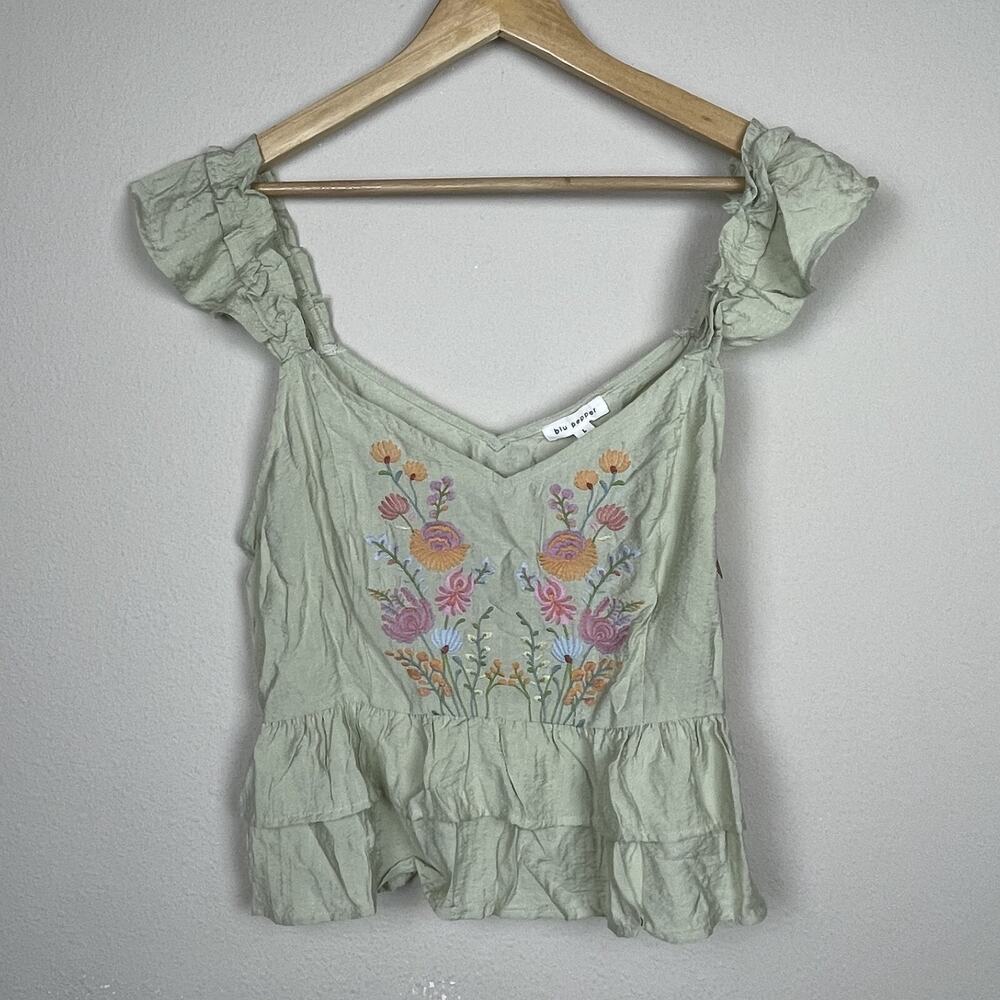 Blu Pepper NWT Baby Doll Top‎ Size L Mint Green Embroidered Ruffle Y2K Boho